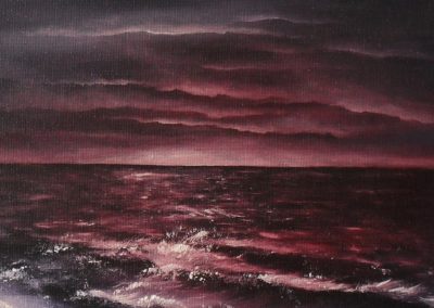 Ocean seperates land not souls, dark red horizon washing into purple clouds, th ocean also is red and purple, oil painting