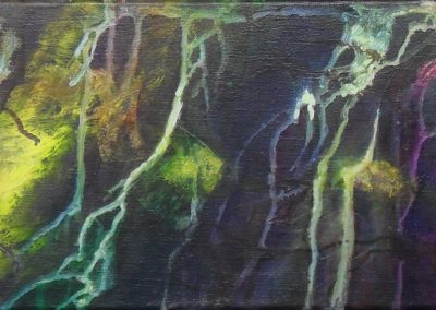 No one can feel the Rain but you. Colourful raindrops rolling down. Abstract painting on canvas 60x20cm. by Lia van Elffenbrinck artist