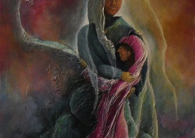 Safe and Sound figurative painting of a madonna with a child in her arms. The colours are pink grey and yellow. You see some silhouettes of hidden figures, canvas 40x60cm. by Lia van Elffenbrinck