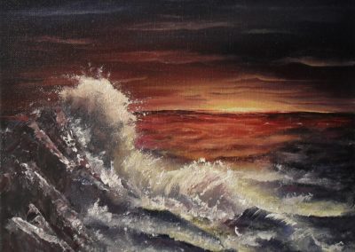 Smell the sea, yellow sun coming up in the orange red and purple sky, orange red sea with splashing water on rocks on the left, oil painting on 30x24cm. canvas by Lia van Elffenbrinck
