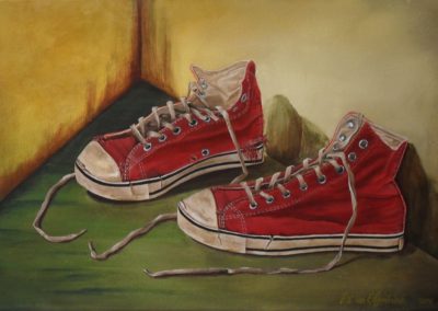 Took off my old Shoes to walk on a new Path Realistic painting of a pair of old worn out red shoes with long sleeves, canvas 60x40cm. by Lia van Elffenbrinck