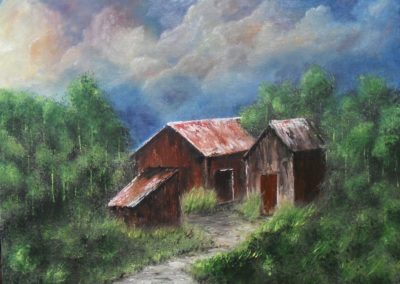 Home, oil painting on canvas inspired by Bill Alexander, Stormy clouds, red barn, green forest, little sand path, 50x40cm by Liavan Elffenbrinck