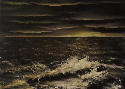 Water Water Everywhere oil painting on black canvas 30x24cm. Sea Shore in brown and yellow by Lia van Elffenbrinck