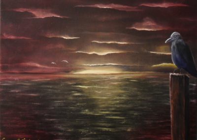 What does the crow think, at sunset or at sunrise the craw is sitting on a pole, looking at the sea in yellow and purple, oil painting on a black canvas 40x30cm. by Lia van Elffenbrinck