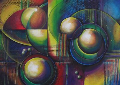 How many Moons Very colourful abstract acrylic painting about spheres, planets and moons, with horizontal and vertical lines and shadows I was looking at https://www.youtube.com/watch?v=D1zuAQAhhMI when I was painting this piece: How many Moons does Earth have?. by Lia van Elffenbrinck