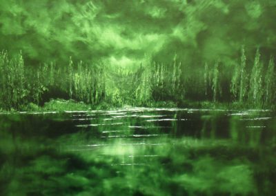Nightlight, oil painting on black canvas by Lia van Elffenbrinck painter, green night sky behind a forest and some bushes. In the foreground is a deep lake.