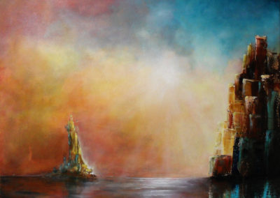 Standing Up, statue standing in the water next to a high city, the sunlight in the colourful sky gives the water a silvery shine. abstract painting oils and acrylics on canvas 80x60cm.