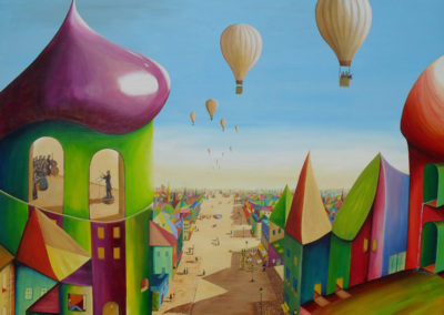 The surprised House painting of a colourful fantasy city in the daylight.Hot air balloons in the blue sky, a broad ocker road in the middle to the horizon, houses in all colours and shapes, in the front a round tower with windows where you see Richard Wagner as a director, on canvas 120x100x4cm. by Lia van Elffenbrinck