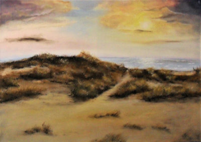 Peace of Mind Painting by Lia van Elffenbrinck, Seascape with dunes, horizon with a golden sun