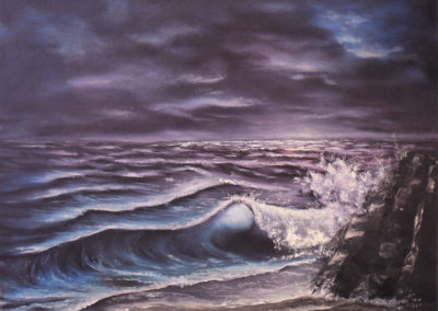 Deeper Shades of Night, Oil on canvas 50x40cm. Painting by Lia van Elffenbrinck, blue and purple waves at the beach at night time.