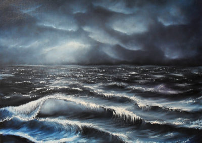 Flooding Clouds. Oil painting on black canvas of a boisterous ocean in blue, grey, purple and white. The waves are rolling towards you. The clouds are threatening. Canvas 50x40cm. by Lia van Elffenbrinck