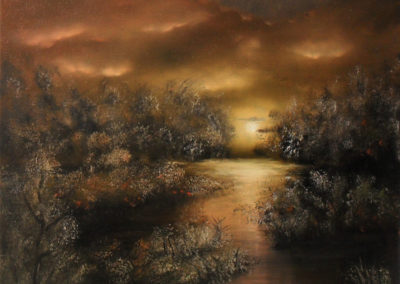Night Elegance. Oil painting about a little lake at night. The moon is shining towards you. It must be spring because the brown trees and bushes are blooming. The yellow orange light gives you a warm feeling. Canvas 40x30cm. by Lia van Elffenbrinck.