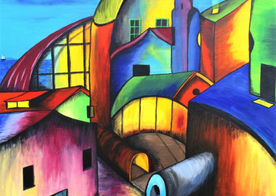 Confused Village. Colourful city, painted with gouache on canvas 50x70cm. by Lia van Elffenbrinck.