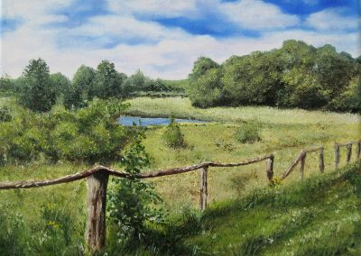 Oil painting of peaceful meadow landscape in northern Germany. Oil on canvas, 24x18 cm.