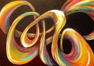 Painting of a colourful infinite loop in front of a very dark background with dark blue and dark red, called: To Infinity and Beyond. Acrylic painting on canvas 70x50cm.