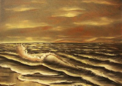 Waves. Oil painting of the beach. You see the water and the sand in the colours brown, beige and ocker.