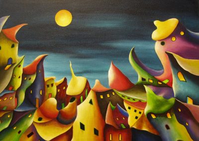 Painting of a colourful fantasy village at night or in the evening. All the coloured houses seem to grow out of the ground. The sky is dark blue and the yellow moon is shining on the weird lovely city. Metamorphosis, acrylic painting on canvas 50x40cm.