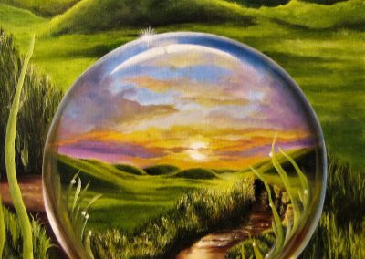 Fairy Tale. Painting of a landscape refelected in a water drop
