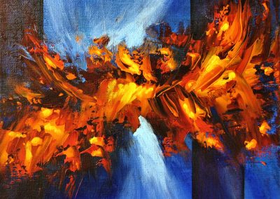 Fire and Ice abstract painting of orange splashes on a blue background with vertical lines on canvas 20x20cm.