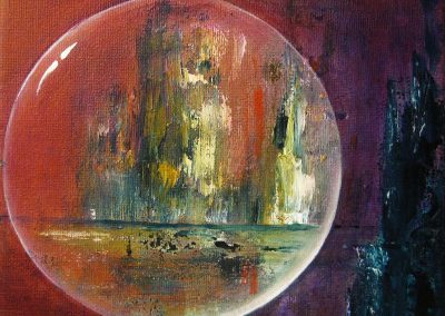 Floating Stability abstract acrylic painting of a crystal ball in front of abluish island on a red with purple background canvas 20x20cm.