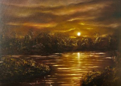 Golden Morning Oilpainting of a little lake or a swamp in the morning. The sun is shining on the water on the horizon you see trees. In the foreground some wool grass is growing. The colours are yellow and burned sienna.