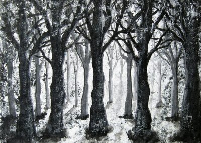 Mystic acrylic painting of a black an white forest on canvas 20x20cm.