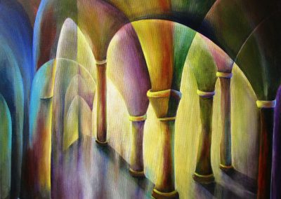 Colourful semi-abstract painting of Pillars with light behind them. Painting on canvas 50x40cm.