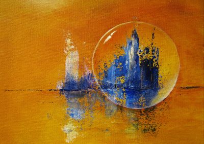 Tower in Blue, abstract acrylic painting of a crystal ball in front of a blue island on yellow orange background canvas 24x18cm.