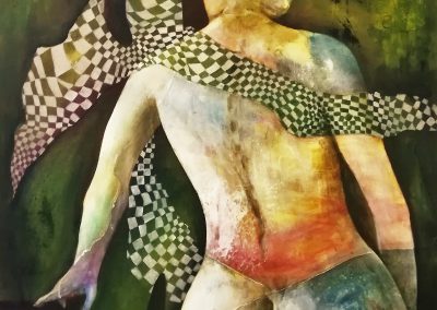 Any Way the Wind Blows, acrylic painting of a nude woman from behind with her bare buttocks. A checkered shawl is blown around her shoulders. on canvas 50x70cm.