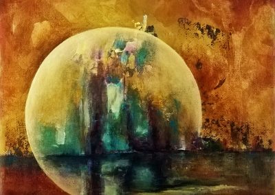 Acrylic painting on a small canvas, 20x20cm. It is a mood painting. You can see a big yellow moon as a mirror of a town far away