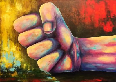 Right Now! Acrylic painting of a hand gesturing to stop right now. It is a pastel colourful hand in yellow and pink in front of a brightly coloured background in red and yellowon canvas 70x50cm.