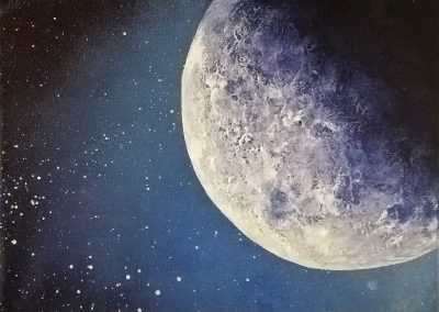 Acrylic painting of a half moon in a dark night on a small canvas 24x18cm. called The Moon.