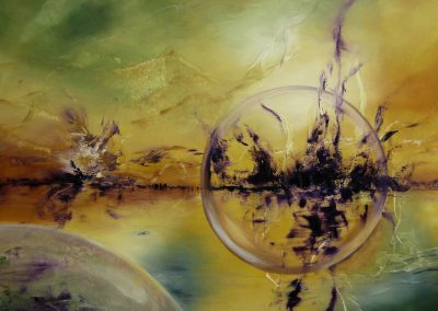 Into the Coloured Future, abstract painting of a globe floating in front of a brownish horizon. The sky is green yellow and brown. In the front you see another purple globe.