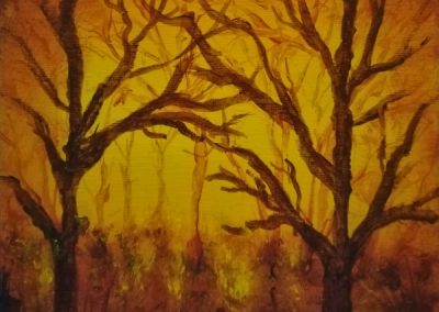 Autumn, acrylic painting in yellow ocker and burnt umber of a forest