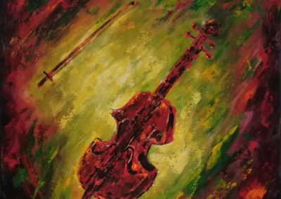 Cello, painting of a red with orange and black cello on a green with yellow backgrond