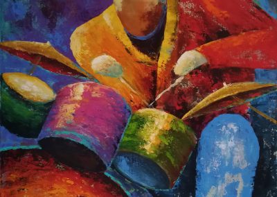 Feel the Tingle in your Feet, very colourful acrylic painting of a drummer on canvas 50x50cm.