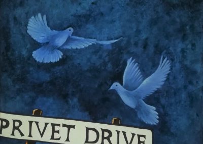 Privet Drive, acrylic painting on canvas 40x40cm. of two turtledoves in blue. The doves come flying and want to land on the street sign Privet Drive, which is the street where Harry Potter lives.