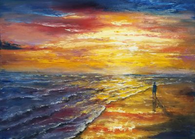 Retirement oil painting of someone standing on a colourful beach.