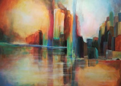 Fata Morgana, abstract painting of a city. Because of the reflections you see that it must be on the waterside. The buildings are very colourful. A tower could be in fire.