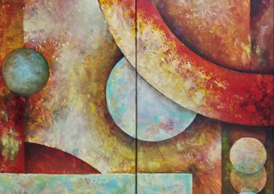 On the Edge, big painting in two panels of geometric figures. The circular and quadrangular shapes create depth as if they are in a motion. (two panels, together 100x150cm.)