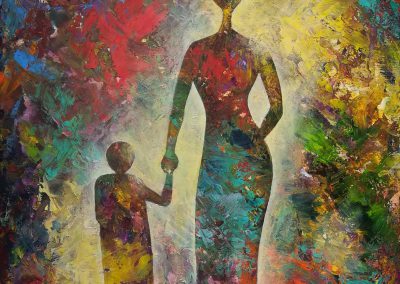Walking with Mom acrylic painting of two silhouettes walking on a colorful "carpet". The colors almost dissolve in the light of the background and appear again within the clear contours of the mother and her daughter. 50x70cm.