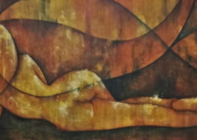 Gracious, painting of a nude seen from the back. The woman or girl is lying on her side. This painting is in yellow and brown and belongs to the serie of "moodpaintings" with a title ending on -ious-.
