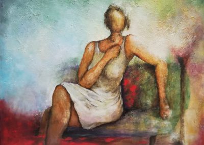 No Regrets. Painting of a woman sitting on an abstract colourful sofa. She is wearing a white dress without sleeves. She feels no regrets at all.