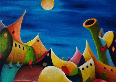 Yo's City. Acrylic fantasy painting of a colourful city at night with a full yellow moon shining on the roofs of the weird Houses..