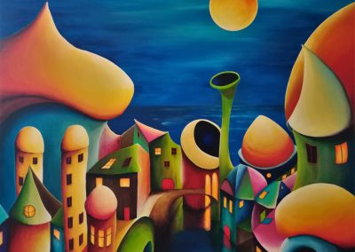 The Bright Sight of Tomorrow. Colourful village in the moon shine. The sky is dark blue and the yellow moon is shining on the weird lovely houses which are standing in the water. In some of the houses the light is on. Behind the village you can see water at the horizon.