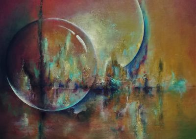 Guarded abstract painting. You can see a globe, or a transparent moon on a watersurface.
