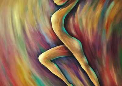 Motion, colourful painting of a female silhouette making a movement as if she is doing gymnastics.