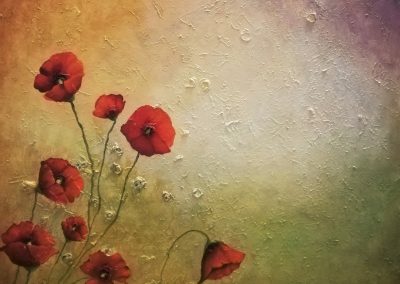 Life is but a Poppy, textured painting of a few red poppies in front of a greenish yellow background